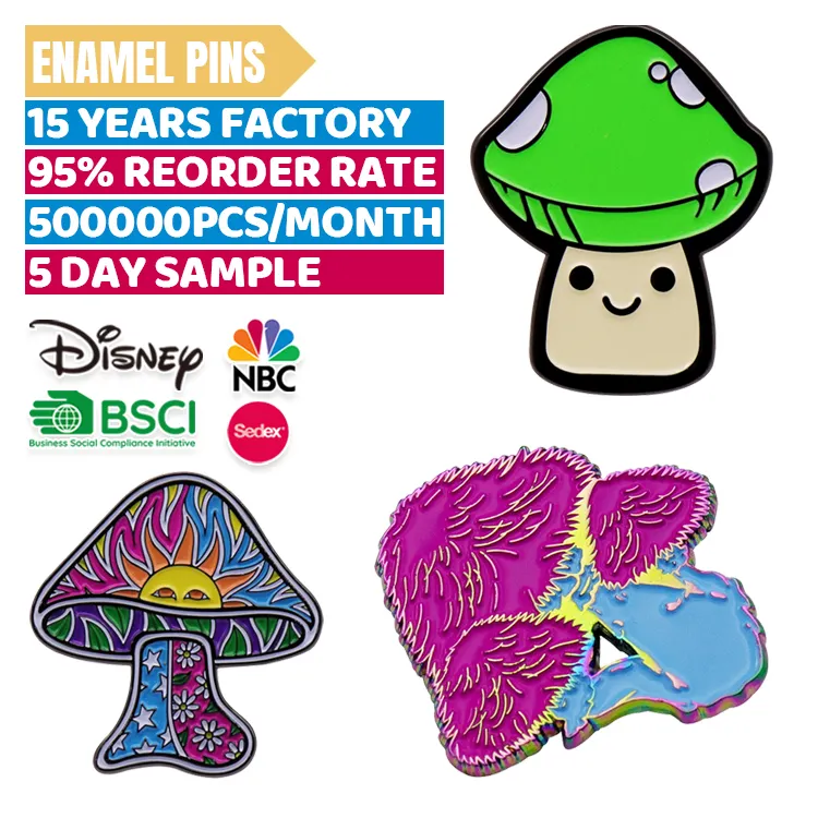 Cute Mushroom Lapel Anime Badge Pins for Hats Brooch Hard Soft Enamel Rainbow Plating Custom Metal Your Own Logo Lapel Pins