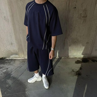 Herenset 2-delig, ademend, zomerprint, terry, contrast piping, korte mouwen, t-shirt, shorts, streetwear, aangepast logo, groothandel