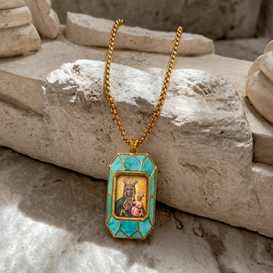 Ciondolo Religioso in Ottone Personalizzabile all'Ingrosso con Intarsio in Turchese, Collana con Icona in Rilievo 3D, Regali OEM per la Chiesa Cattolica, <span class=keywords><strong>Madonna</strong></span> Nera - Product Image 1