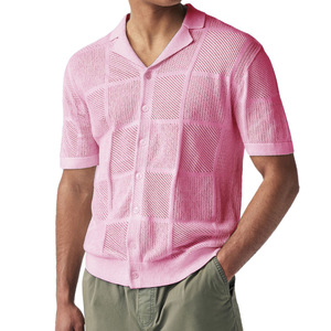 Men's Knitted <b>Cardigan</b> Hollow Polo Collar <b>Short</b> <b>Sleeve</b> Casual Top Acrylic Fiber Machine Washable Youth Wear White Black Blue - Product Image 4