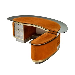 โต๊ะคอมพิวเตอร์ทำจากหนังเนื้อแข็งรูปตัว L หรูหราน้ำหนักเบาทำจากสเตนเลสกระจกเทมเปอร์ที่เก็บของสำหรับผู้บริหารออฟฟิศที่ทันสมัย - Product Image 6