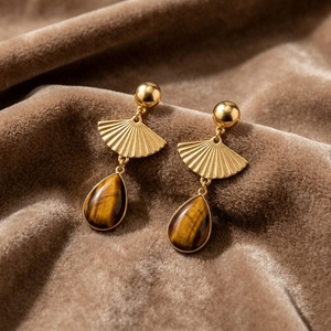 Pendientes de abalorio personalizados para pedidos grandes, chapados en oro, con ojo de tigre sintético, minimalistas, hipoalergénicos, para mujer - Product Image 3