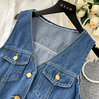 Ensemble 2 Pièces Coréen pour Femme : Haut à Manches Bouffantes et Robe en Jean