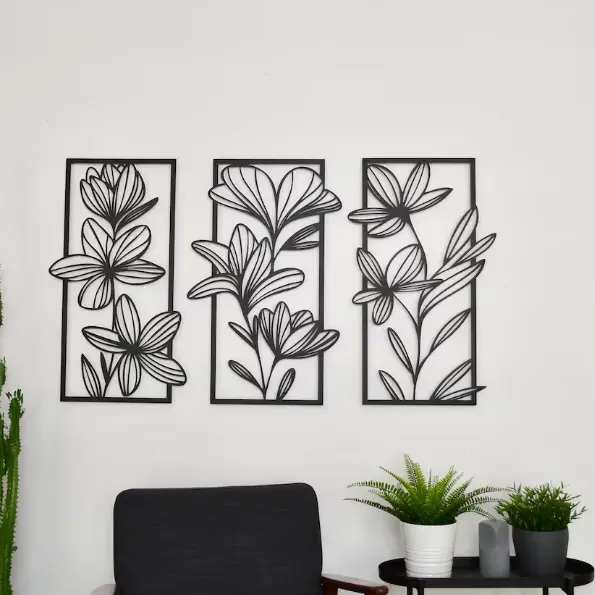 Ensemble de trois cadres métalliques à fleurs pour la décoration murale de la maison, du bureau et de l'art en métal pour le salon et la chambre à coucher.