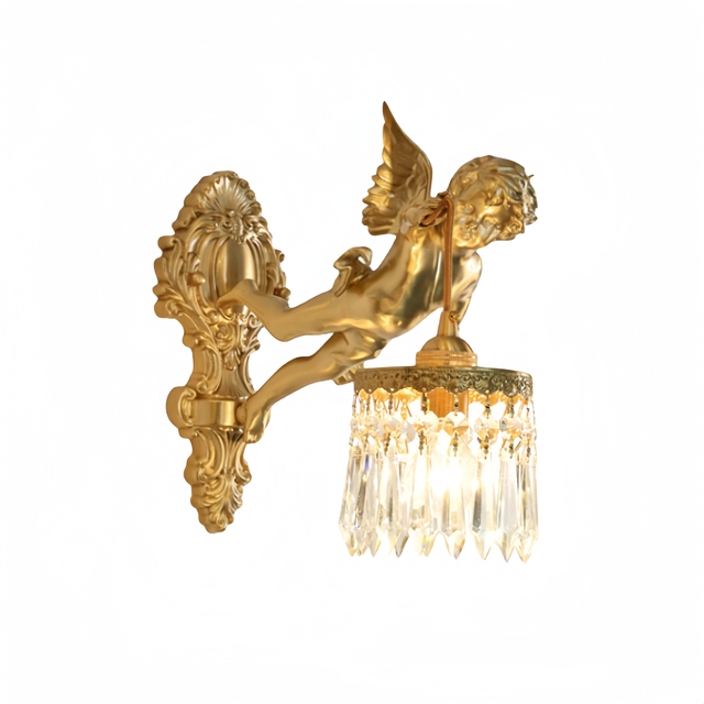 Retro French Brass Wall Lamp Hotel Bedroom Aisle Staircase Wall Angel Crystal Decorative Light Background Wall Copper Light