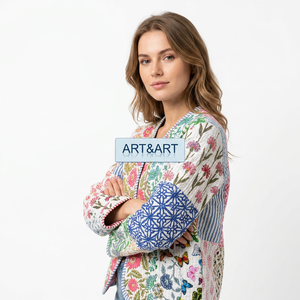 Veste longue matelassée en coton à motifs floraux, style vintage, tricotée, patchwork, élégante, fabriquée à la main en Inde, réversible, pour l'hiver - Product Image 1