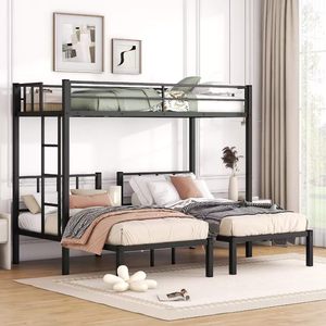 Moderna litera metálica en forma de L con litera superior extragrande y litera inferior doble, 3 camas en 1, estructura de cama metálica que ahorra espacio para niños, adolescentes y adultos - Product Image 2