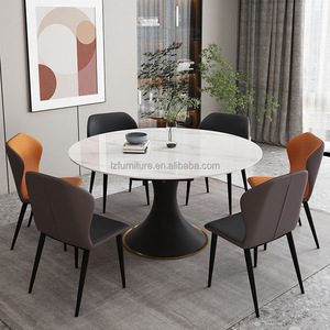 Modern <b>Round</b> Sintered Stone Dining <b>Table</b> Extendable <b>White</b> Marble Top Black Tulip Base Gold Trim Luxury Restaurant Furniture - Product Image 4