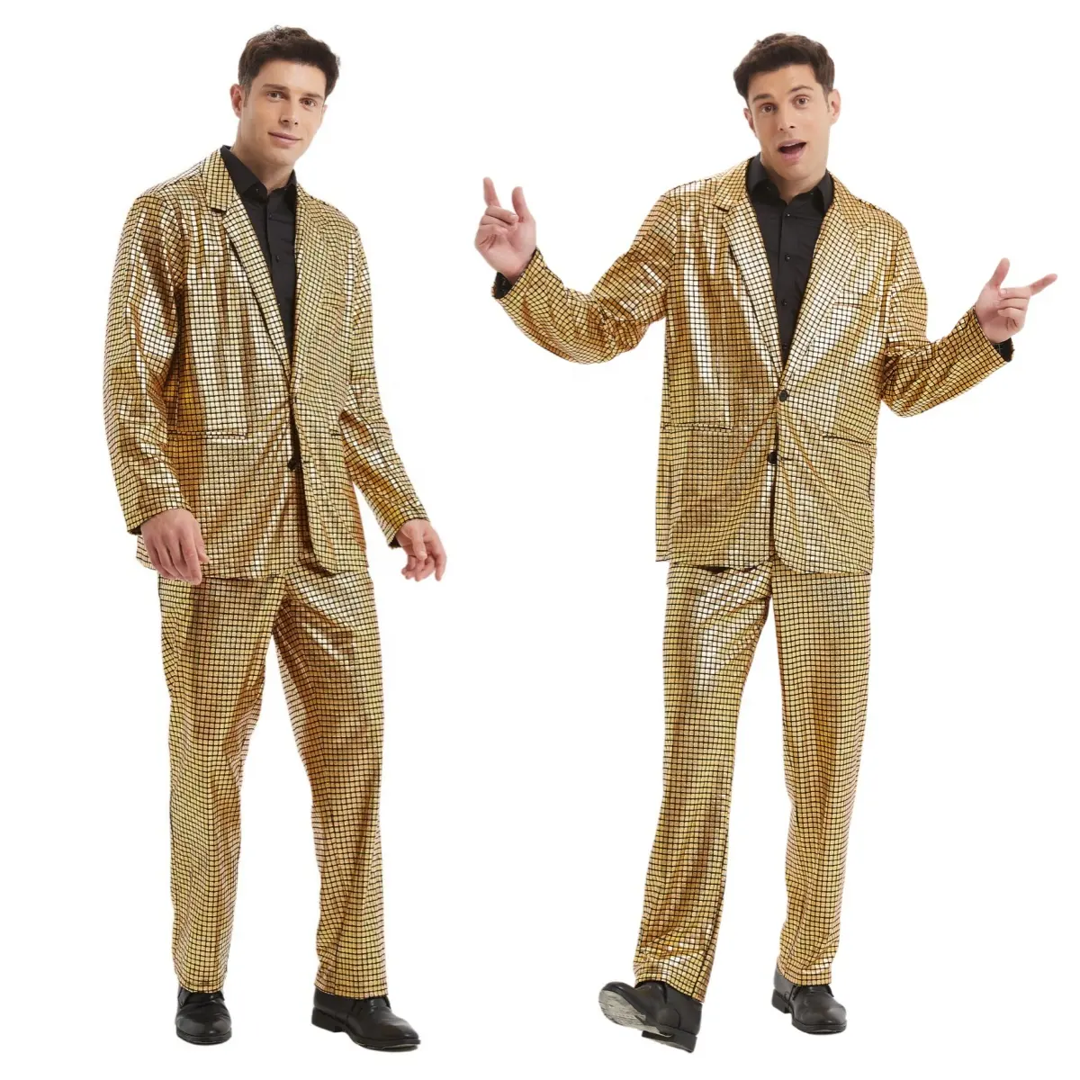 Costume à paillettes laser dorées pour hommes, veste habillée pour fête d'Halloween et anniversaire, pantalon, costume de bal de promo disco inspiré de la télévision et des films
