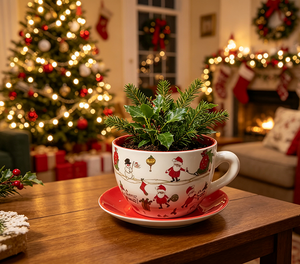 Tazza da tè e piattino natalizi in ceramica smaltata, vaso <span class=keywords><strong>per</strong></span> piante con grazioso motivo Babbo Natale e pupazzo di neve, con drenaggio, decorazione <span class=keywords><strong>per</strong></span> giardino e casa - Product Image 2