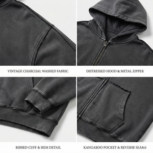 Sweat à capuche zippé vintage en molleton bouclette 370 g/m² pour homme, coupe oversize, avec logo imprimé, délavage acide, streetwear personnalisé à bas prix - Product Image 3