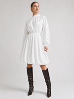 Robe Courte Blanche Femme à Manches Longues et Taille Smockée, 100% Nylon, Col Montant à Volants, Vente en Gros Automne/Hiver 2026