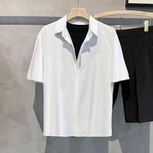 Chemise unisexe à manches courtes en soie glacée, style rétro, drapé élégant, couleur unie, anti-boulochage, sans repassage, vert et blanc, coupe ample et rafraîchissante - Product Image 2