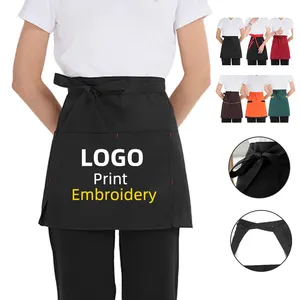 Custom Restaurant Bar Kitchen Uniform Waitress Serving Cooking Waterproof Waist Aprons For Women Short Apron With Logos Pockets