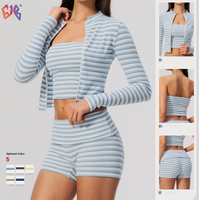 Nouvel ensemble de fitness rayé pour femme, short rayé taille haute coupe ajustée, respirant, trois pièces, pour yoga, entraînement et sport