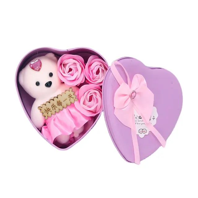 Hadiah Hari Valentine Bunga Buatan Beruang Mawar Beruang Teddy Bunga Sabun Beruang Wangi Diawetkan dengan Kotak Casing Bentuk Hati