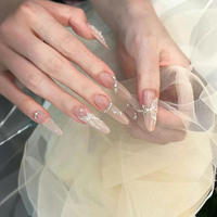 Vente en gros à bas prix, Ongles artificiels semi-faits à la main français, longs, forme ballerine, motif fleur diamant rose et violet, avec fragment scintillant rayé