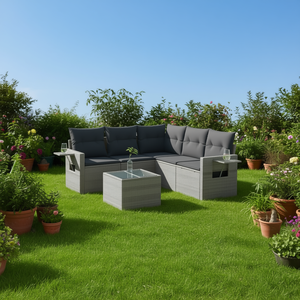 Conjunto de sofá de jardín de ratán gris para 6 personas, muebles de exterior de diseño contemporáneo con estructura de acero y mesa de vidrio templado. - Product Image 2