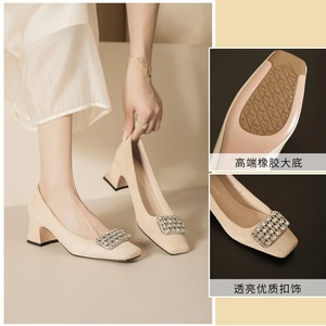 5688C-176 Suede Pumps Square Toe <b>Block</b> Heel Rhinestone Decor Korean Style Women's Shoes - Product Image 5