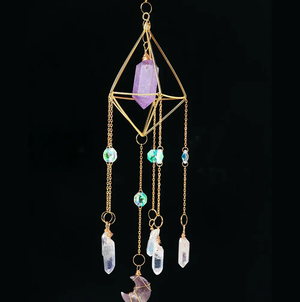 Crystal Moon Sun Catcher Colorful Hanging Amethyst with Prisms Double Point Crystal Pendant Chain for Window Home Garden Decor