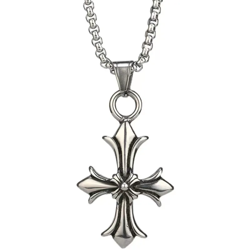 Religious Flower Cross Pendant Necklace Stainless Steel Retro Metal Hearts Silver Chrome Anchor Nail Hip Hop Punk Jewelry Men