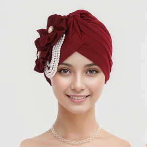 HZM-24299 nouvelles musulman fleur tête casquette Logo personnalisé bandeau femmes élastique perle turban chapeaux - Product Image 5