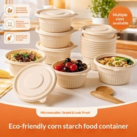 Boîte à lunch ronde jetable biodégradable à base d'amidon de maïs, compatible micro-ondes, avec couvercle anti-fuite, emballage à emporter