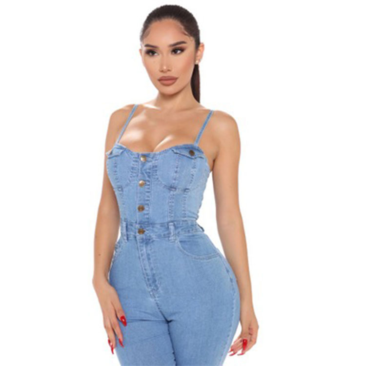 2021 Spring dropship fashion style plain denim one piece jumpsuit women