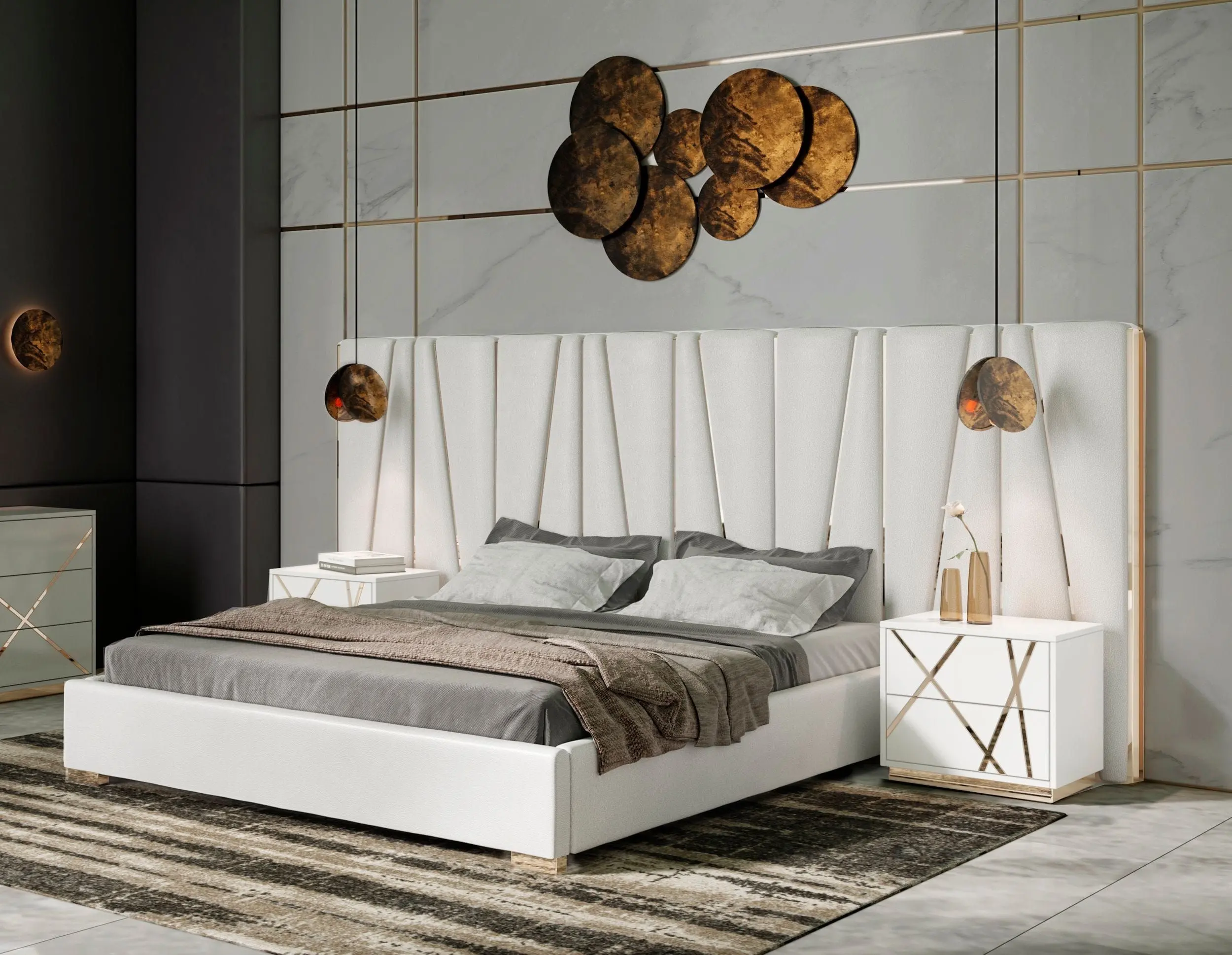 NOVA Weiß Hochglanz California King Schlafzimmer Gold Kopfteil 3-teiliges Set Möbel Modernes Luxus-Doppel-Queen-Bett