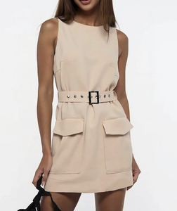 Wholesale Women <b>Clothes</b> Sleeveless Beige Utility Mini Dress Natural Washable Regular Fit O-Neck Casual Summer OEM ODM - Product Image 3