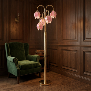 Lámpara de Pie de Estilo Vintage con Pétalos de Vidrio Rosa y Base Dorada Resistente - Compatible con E26 - Product Image 1