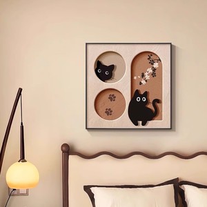 Art mural encadré, impression de chat de dessin animé, cadre noir, toile à l'huile rectangulaire, peinture décorative pour salon et chambre à coucher - Product Image 2