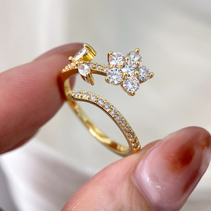 Bague ouverte fleur de cerisier en argent plaqué avec pierres CZ 3A de luxe coréennes, cristal bleu, pour l'index, vente en gros, bijoux pour femmes - Product Image 6