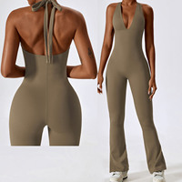 Sans manches bas col en V Push up rembourré haut à licou côté fendu pantalon évasé une pièce Yoga combinaison femmes automne danse body 202