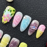 Nouveaux Ongles Press-on Carrés Amande en PMMA Sculptés en Gel 3D avec Motifs Floraux, Faits à la Main, 10 Pièces, Ongles Artificiels de Haute Qualité pour Salon de Manucure