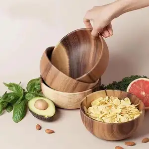 Mangkuk kayu akasia kerajinan tangan ukuran kustom untuk adonan Salad sup