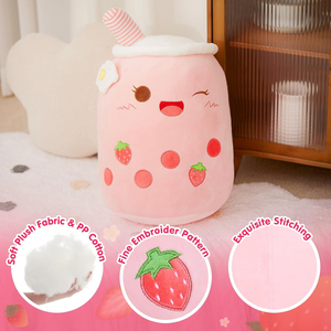 Coussin en forme de tasse de thé au lait Boba à bulles, peluche fraise anime avec matériau en peluche super doux et lumières LED - Product Image 2