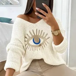 2024 Fashion Women's V-Neck Jacquard Sweater Knitted Jumper Top Summer Loose Jacquard Evil Eye Sweater For Women