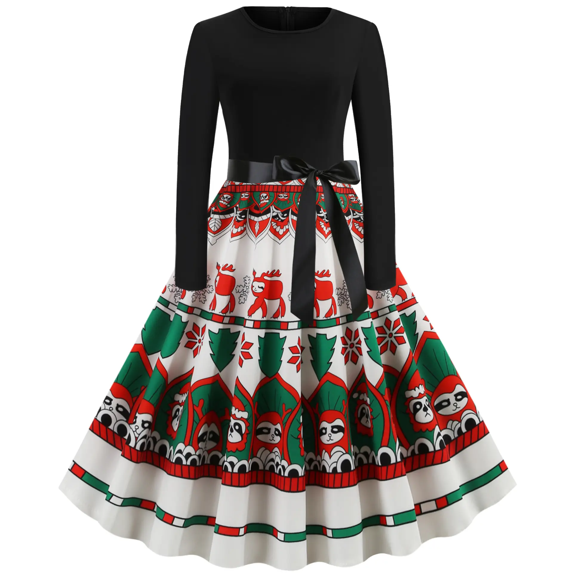 Neueste Herbst Winter Kleid gedruckt Weihnachten Retro Langarm Kleider Frauen Dame elegant