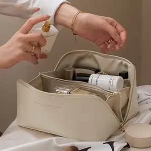 Bolsa personalizada de cuero PU para maquillaje, almacenamiento de partición de cosméticos, neceser de viaje, resistente al agua