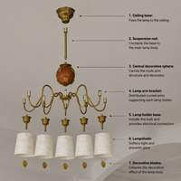 Lustre suspendu finition laiton 6 lumières, lampe de plafond avec douille E27 pour salon et salle à manger