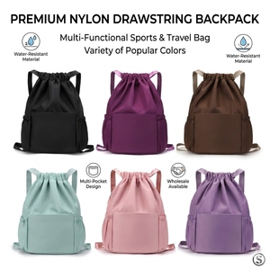 Custom Logo <b>Drawstring</b> Backpack Bulk Wholesale Water Resistant Nylon Gym Sack Fitness Sports Travel <b>Bag</b> Zippered Back Pocket - Product Image 1
