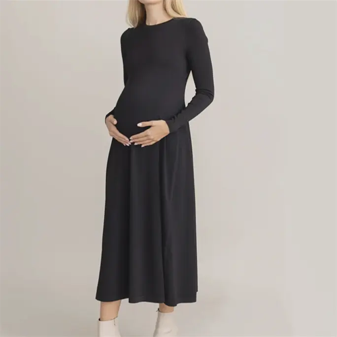 Pulôver longo de gola redonda para mulheres, vestido preto de grandes dimensões, roupas de maternidade para mulheres, blusa de malha, blusa de mão de fábrica