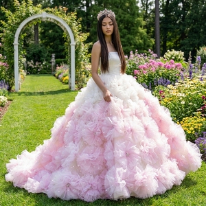 Robe de Quinceañera de luxe rose Spjy022, sans bretelles, corset, appliques florales 3D, tulle ombré, robe de bal Jancember - Product Image 1