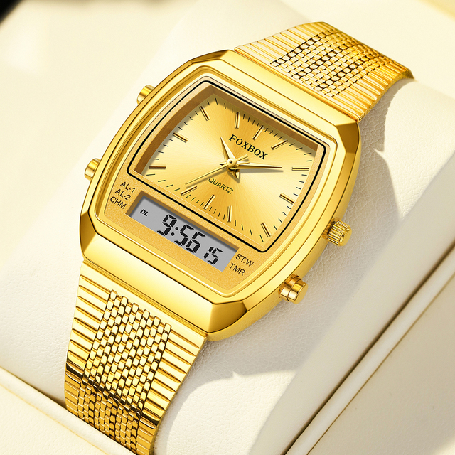 LIGE FB0097 Gold Watch Dual Digital Time Zone Square Wristwatch for Men Waterproof Stainless Steel Electronic Luminous Watch OEM