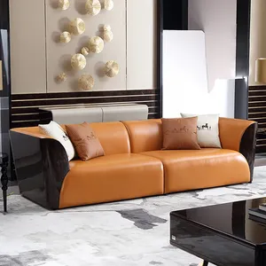 Set furnitur sofa 1 + 2 + 3, Ruang Tamu kulit oranye belakang verneer alami coklat tua modern mewah