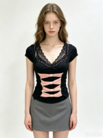 Chemisier décontracté pour femme, col en V, manches courtes, dentelle, orné de perles, nœud rose, coupe ajustée, découpe frontale, style doux