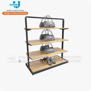 China Wholesale Bag and Shoe Display Shelves Showcase Design Floorstanding Luxury Wood Leather Shoes and bag display holder