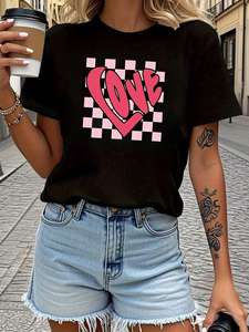 T-shirt da donna con stampa a cuore per San Valentino, manica corta, girocollo, top casual, lavabile in lavatrice, per tutte le stagioni - Product Image 3