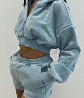 Personnalisé Deux Pièces Femme Détresse Coton vierge Zip Up Cropped Survêtements Jogging Hoodie Survêtements Ensemble Short 2 Pièces pour Femmes